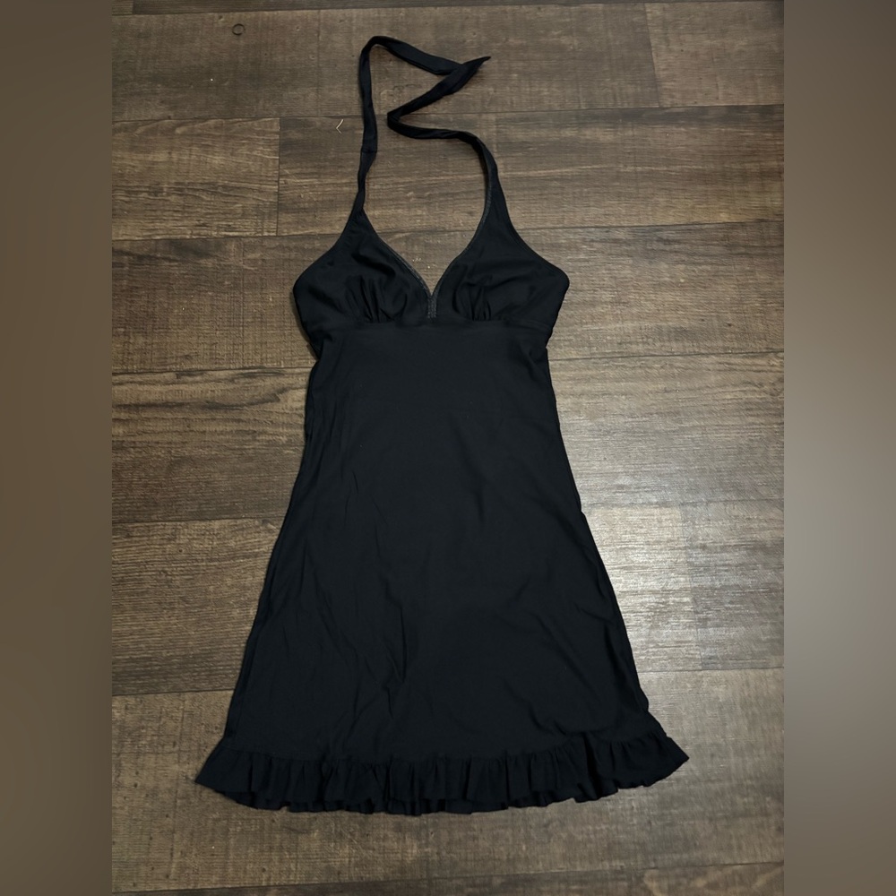 Spanx Assets by Sara Blakely One Piece Black Ruffle Halter Swim Dress L - Picture 2 of 9
